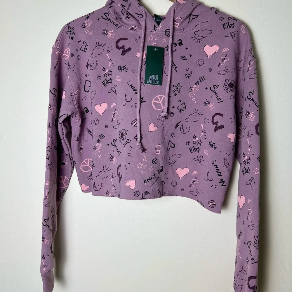 🛍️Wild Fable Women Lavender/Pink Graphic Hoody Fleece‎ Cropped Casual Boxy Small - Picture 3 of 8